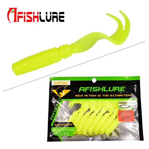 8pcs/lot Afishlure Curly Tail Soft Lure 75mm 3.3g Forked Tail fishing bait grubs Plastic Maggot Fishing lure Jig Head Texas Rig