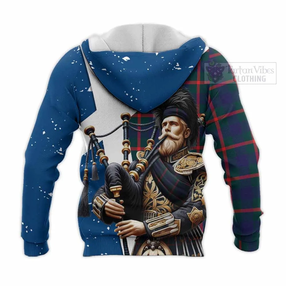 Agnew Tartan Knitted Hoodie with Family Crest Scottish Bagpiper Vibes