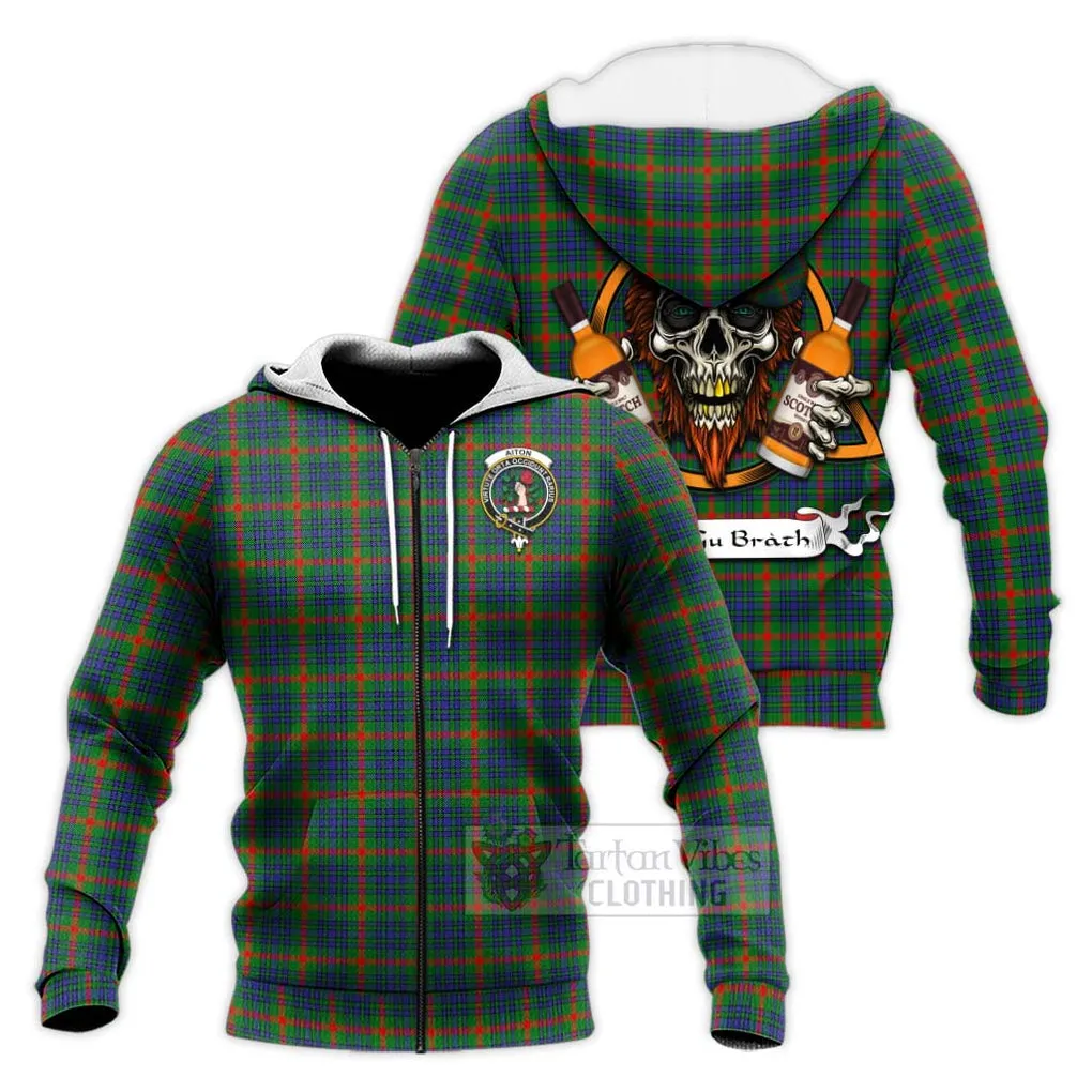 Aiton Tartan Knitted Hoodie with Family Crest and Bearded Skull Holding Bottles of Whiskey