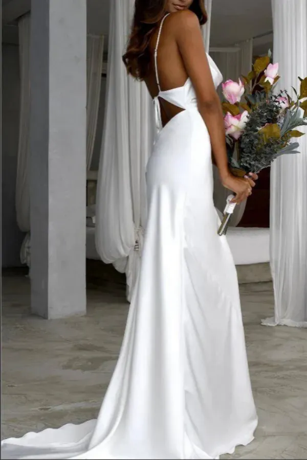 Anneprom Graceful Silk Satin Mermaid Spaghetti Straps Scoop Wedding Dresses APW0407