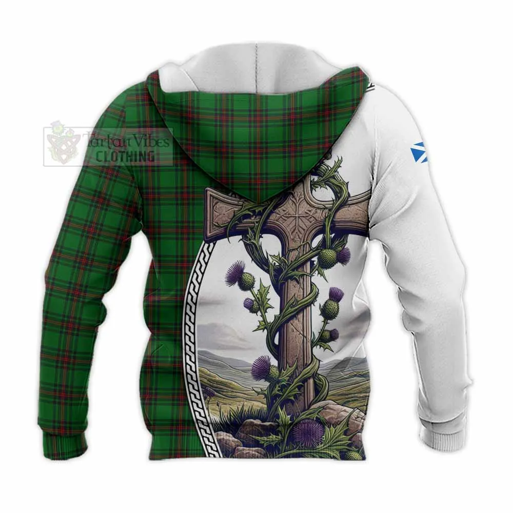 Anstruther Tartan Knitted Hoodie with Family Crest and St. Andrew's Cross Accented by Thistle Vines