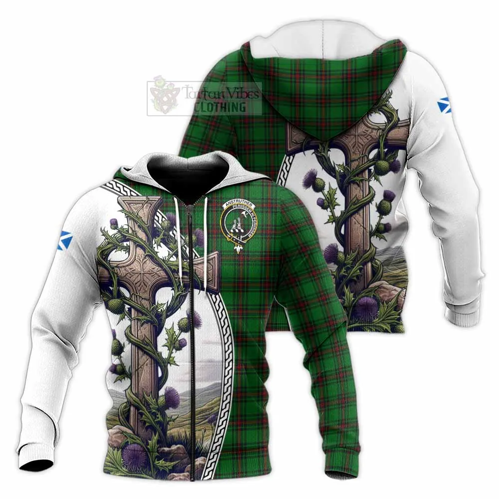 Anstruther Tartan Knitted Hoodie with Family Crest and St. Andrew's Cross Accented by Thistle Vines