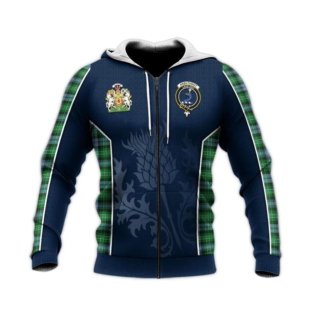 Arbuthnot Ancient Tartan Knitted Hoodie with Family Crest and Scottish Thistle Vibes Sport Style