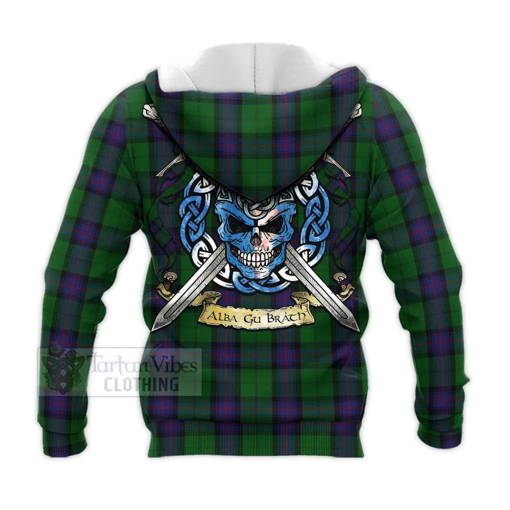 Armstrong Tartan Knitted Hoodie with Family Crest Celtic Skull Style