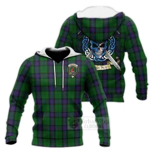 Armstrong Tartan Knitted Hoodie with Family Crest Celtic Skull Style