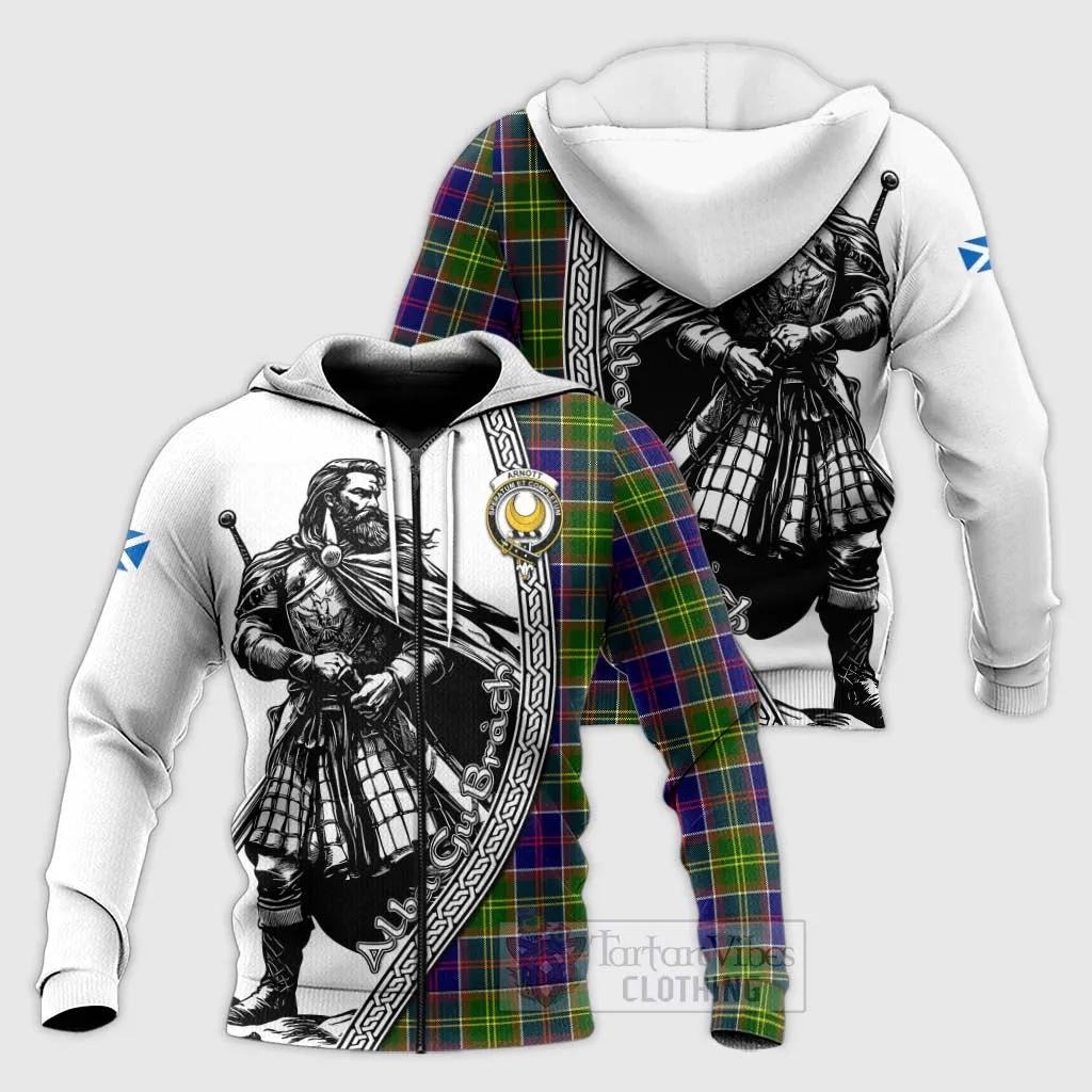 Arnott Tartan Clan Crest Knitted Hoodie with Highlander Warrior Celtic Style