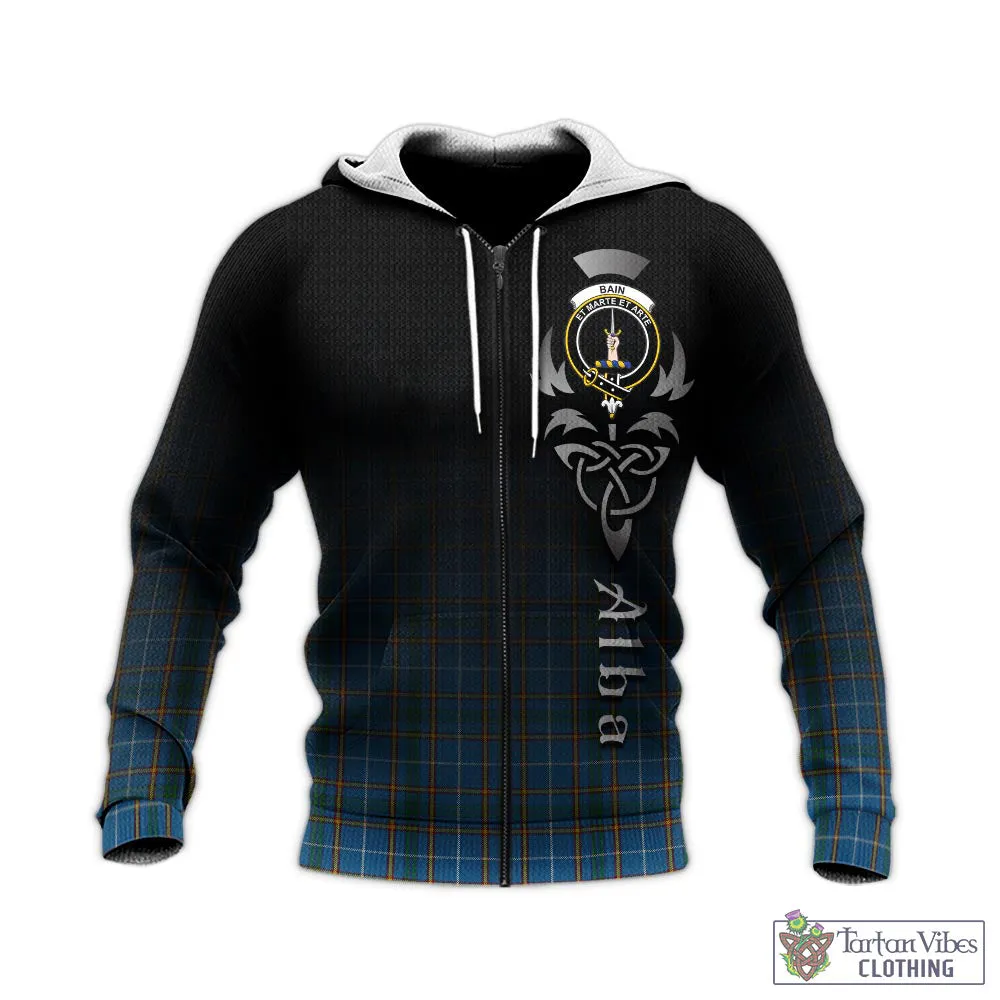 Bain Tartan Knitted Hoodie Featuring Alba Gu Brath Family Crest Celtic Inspired