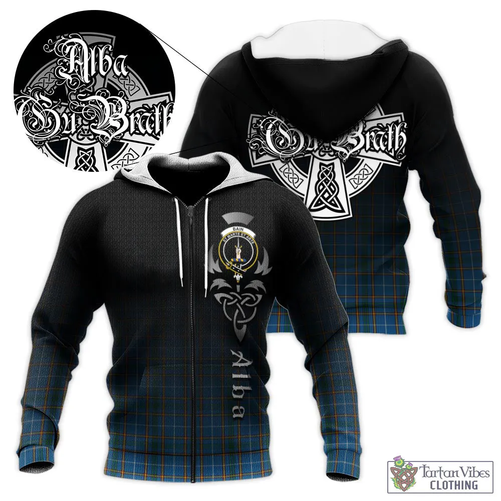 Bain Tartan Knitted Hoodie Featuring Alba Gu Brath Family Crest Celtic Inspired