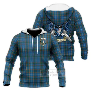 Bain Tartan Knitted Hoodie with Family Crest Celtic Skull Style