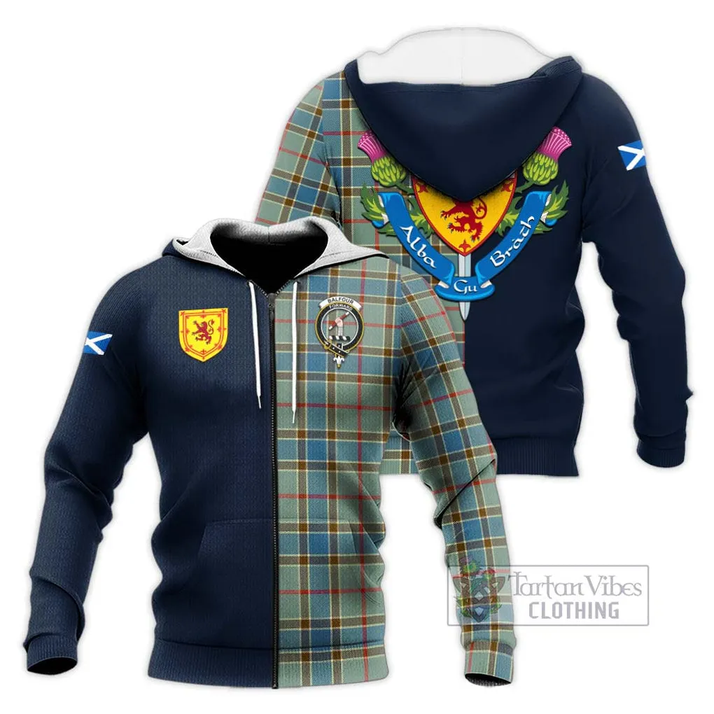 Balfour Blue Tartan Knitted Hoodie Alba with Scottish Lion Royal Arm Half Style