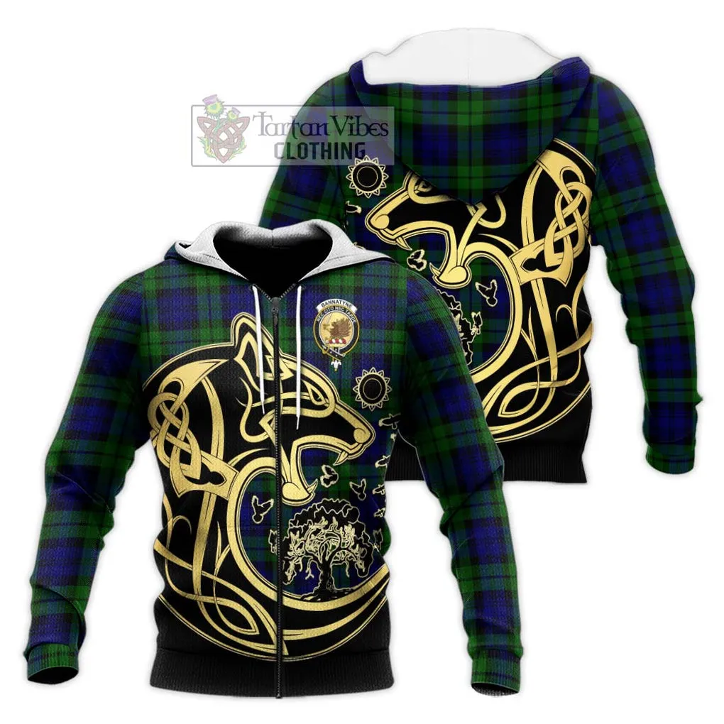 Bannatyne Tartan Knitted Hoodie with Family Crest Celtic Wolf Style