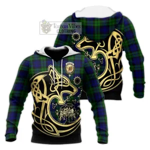 Bannatyne Tartan Knitted Hoodie with Family Crest Celtic Wolf Style