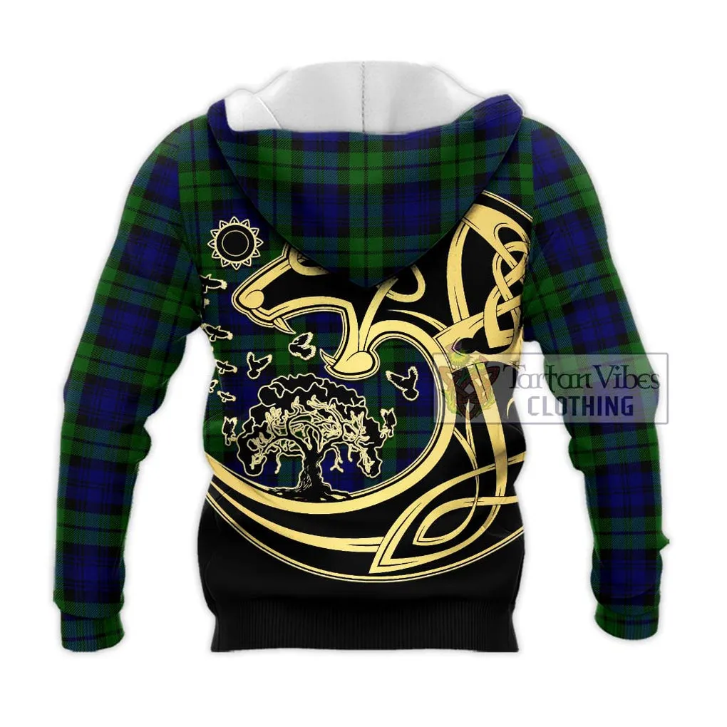 Bannatyne Tartan Knitted Hoodie with Family Crest Celtic Wolf Style