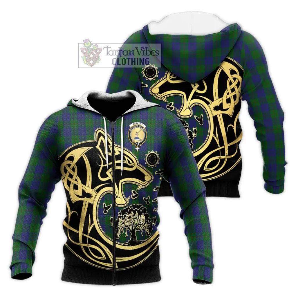 Barclay Tartan Knitted Hoodie with Family Crest Celtic Wolf Style