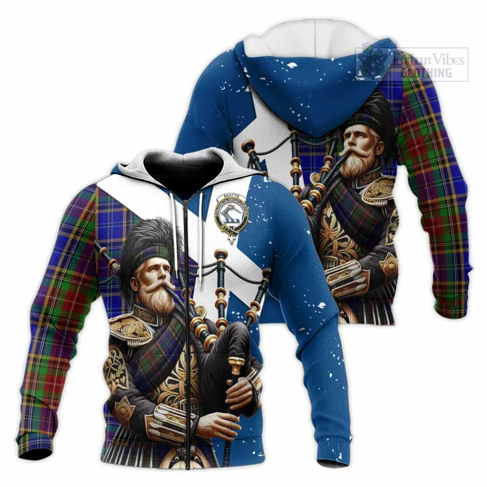 Beattie (Beatty) Tartan Knitted Hoodie with Family Crest Scottish Bagpiper Vibes