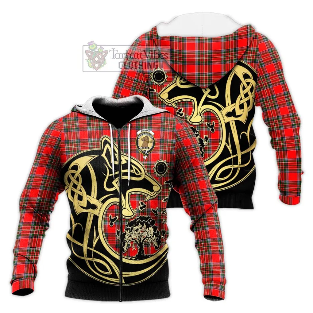 Binning Tartan Knitted Hoodie with Family Crest Celtic Wolf Style