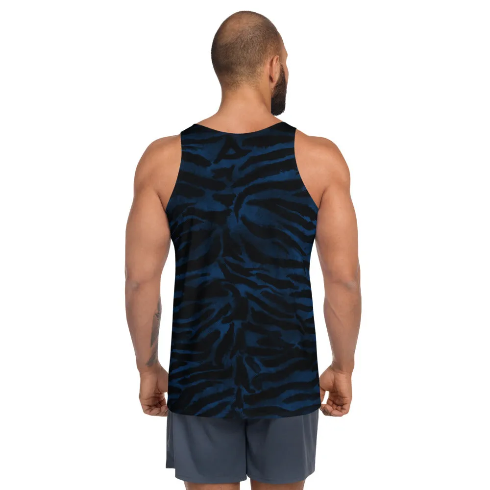 Blue Tiger Striped Tank Top, Animal Print Tiger Stripes Tank Tops For Men Women-Made in USA/EU