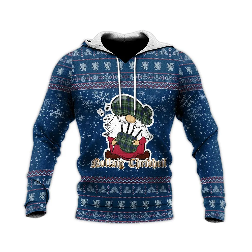 Blyth Clan Christmas Knitted Hoodie with Funny Gnome Playing Bagpipes