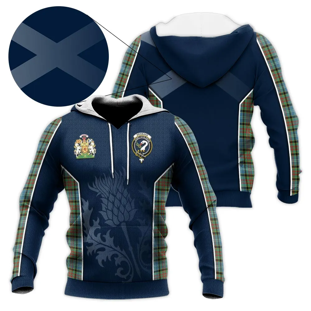 Brisbane Tartan Knitted Hoodie with Family Crest and Scottish Thistle Vibes Sport Style