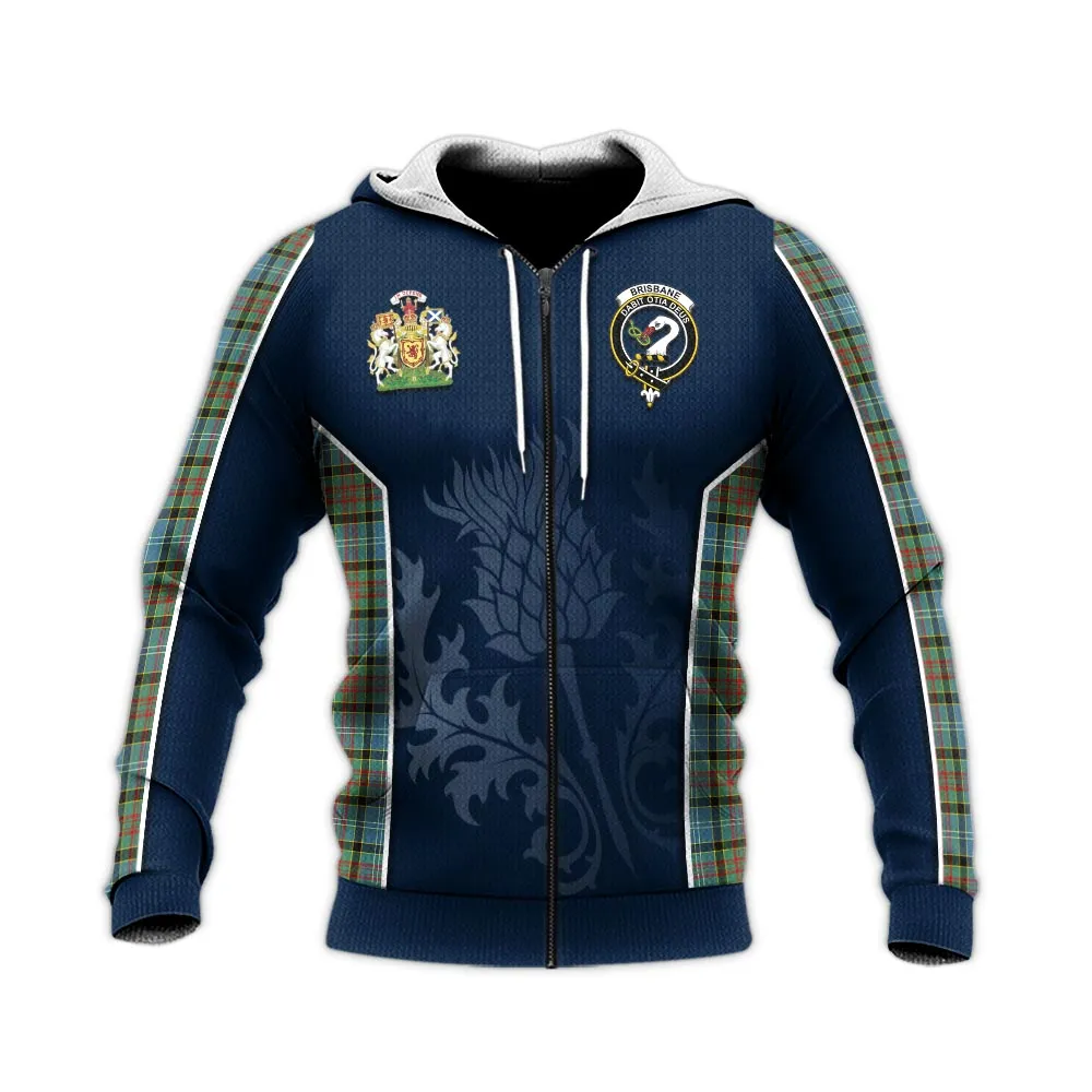 Brisbane Tartan Knitted Hoodie with Family Crest and Scottish Thistle Vibes Sport Style