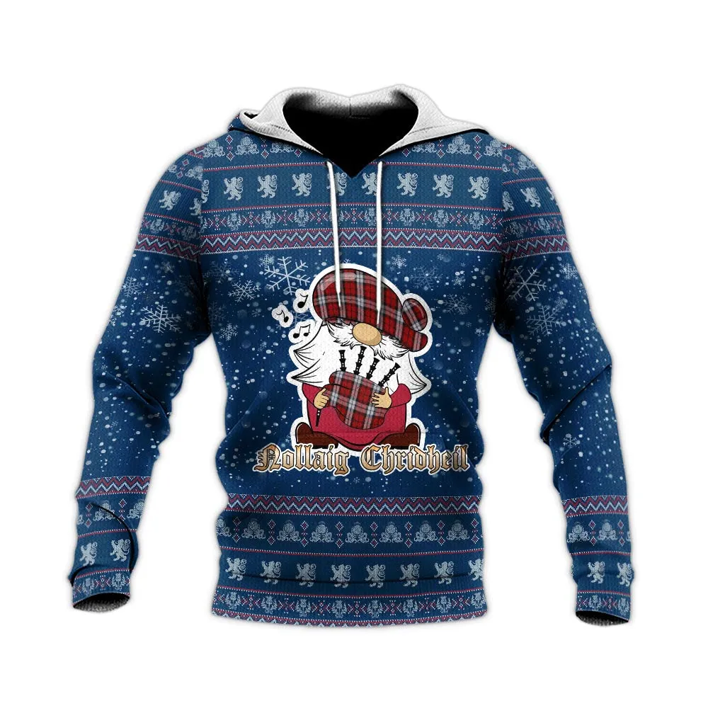 Brodie Dress Clan Christmas Knitted Hoodie with Funny Gnome Playing Bagpipes