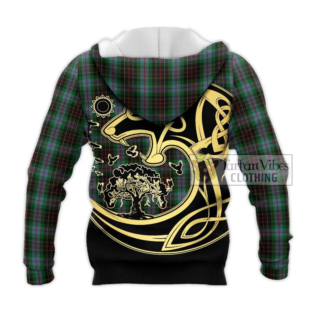 Brodie Hunting Tartan Knitted Hoodie with Family Crest Celtic Wolf Style