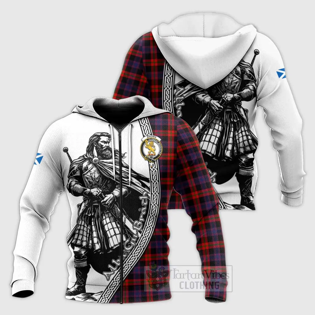 Brown (Broun) Tartan Clan Crest Knitted Hoodie with Highlander Warrior Celtic Style