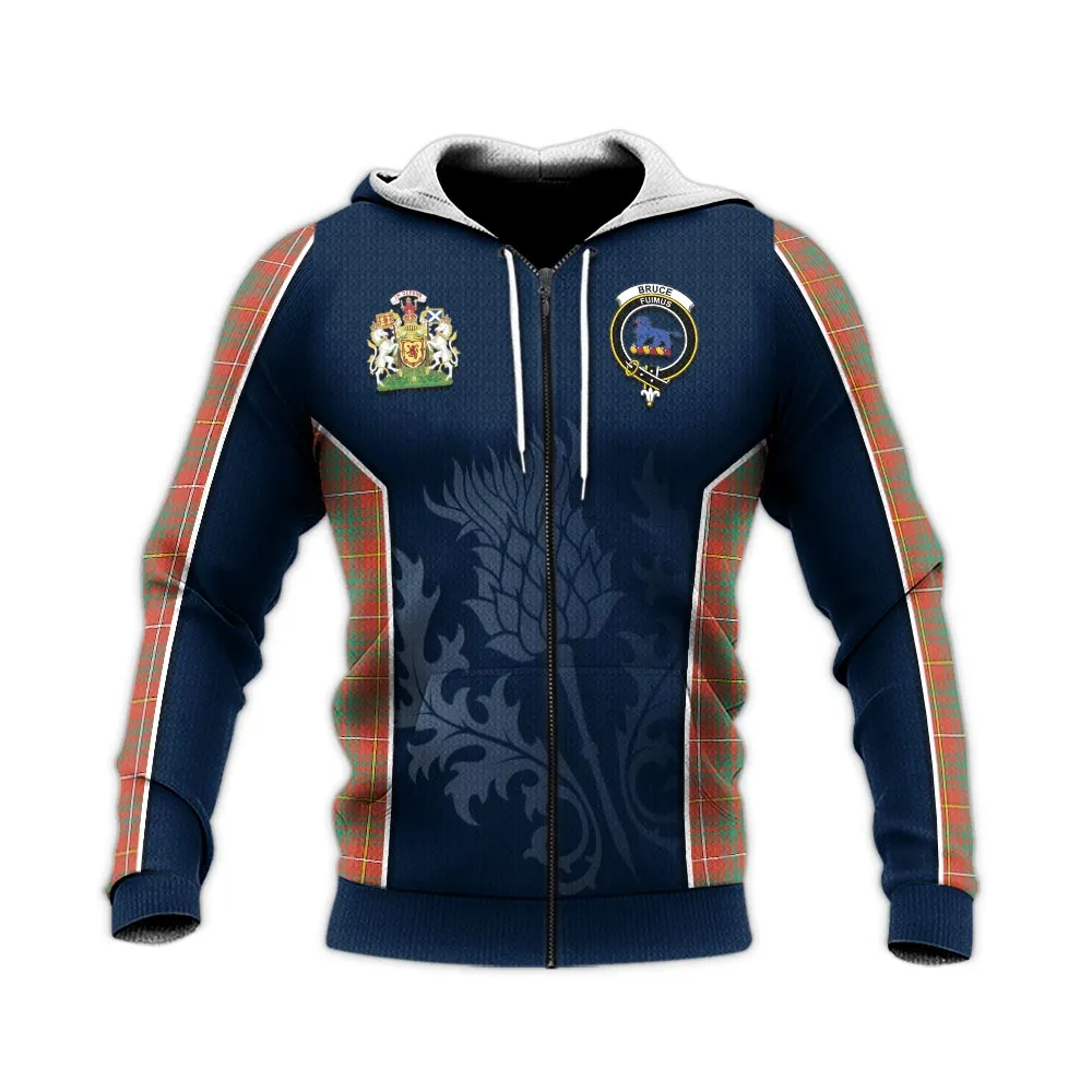 Bruce Ancient Tartan Knitted Hoodie with Family Crest and Scottish Thistle Vibes Sport Style