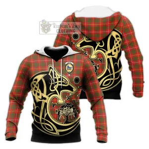 Bruce Modern Tartan Knitted Hoodie with Family Crest Celtic Wolf Style