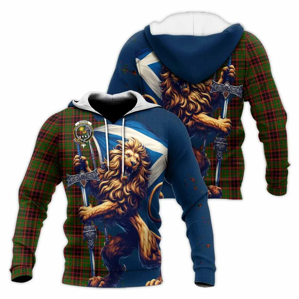 Buchan Tartan Family Crest Knitted Hoodie with Scottish Majestic Lion