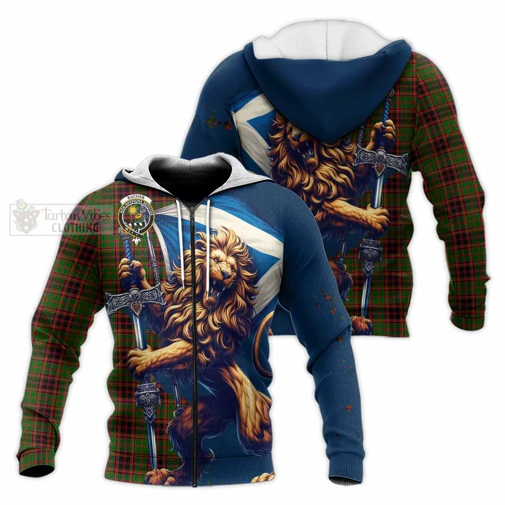 Buchan Tartan Family Crest Knitted Hoodie with Scottish Majestic Lion