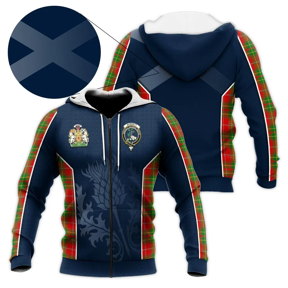 Burnett Tartan Knitted Hoodie with Family Crest and Scottish Thistle Vibes Sport Style