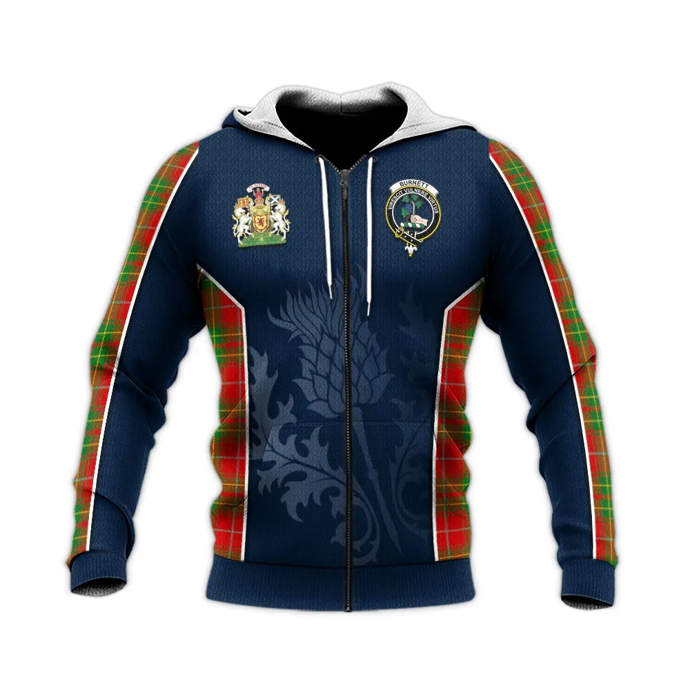 Burnett Tartan Knitted Hoodie with Family Crest and Scottish Thistle Vibes Sport Style