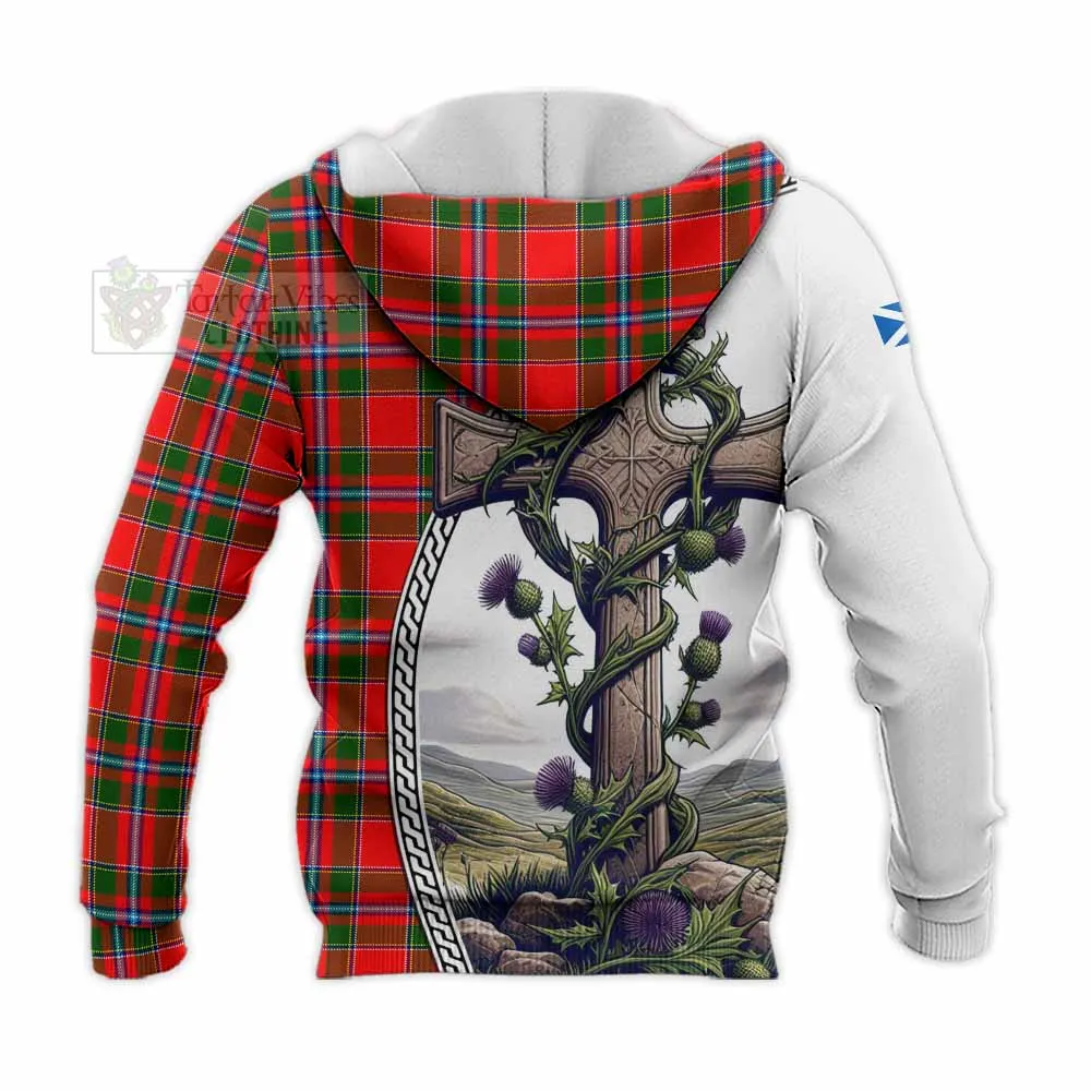 Butter Tartan Knitted Hoodie with Family Crest and St. Andrew's Cross Accented by Thistle Vines