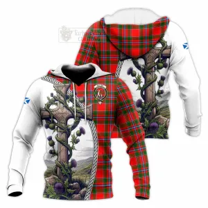 Butter Tartan Knitted Hoodie with Family Crest and St. Andrew's Cross Accented by Thistle Vines