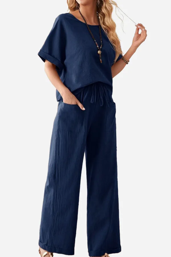 Classy & Laid Back Lifestyle: Rolled Cuff Top And Patch Pocket Pants Set