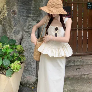 Cloud Slimming Graceful and Fashionable  White Suit  Summer Design Blouse Half-Length Dress Two-Piece Set