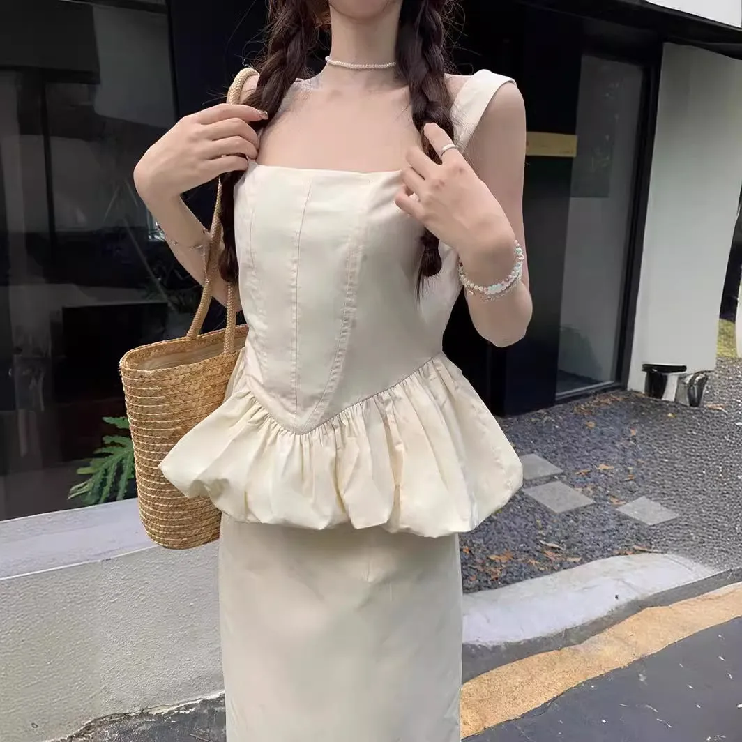 Cloud Slimming Graceful and Fashionable  White Suit  Summer Design Blouse Half-Length Dress Two-Piece Set