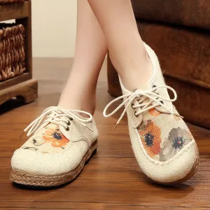 Cotton and Linen Lace-up Cloth Shoes Breathable and Comfortable Women's Cloth Shoes Pastoral Wind Floral Linen Shoes