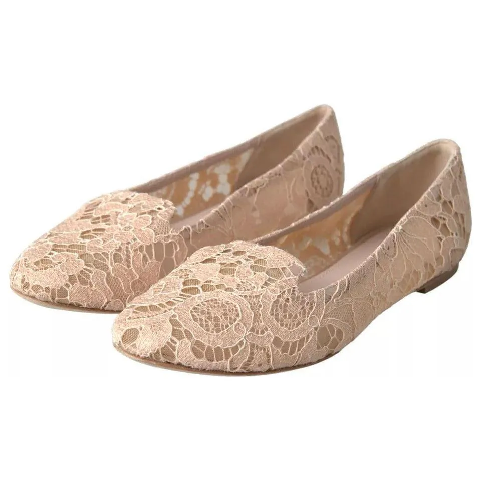 Dolce & Gabbana Beige Floral Lace Loafers Flats Shoes