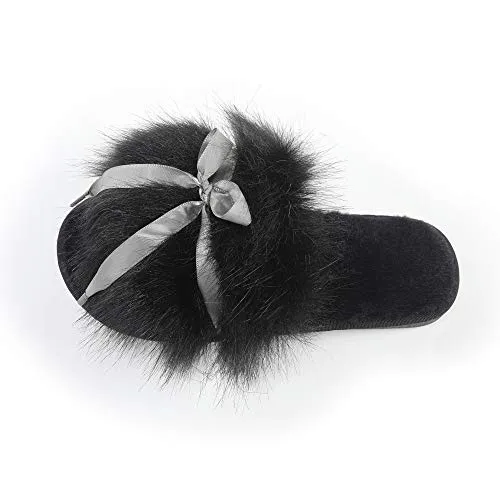 Fur Story Women's Faux Fur Slippers Soft Flat Slide Sandals Indoor Outdoor