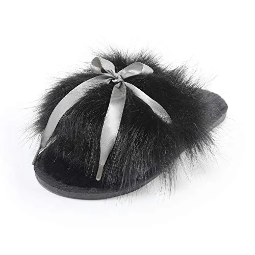 Fur Story Women's Faux Fur Slippers Soft Flat Slide Sandals Indoor Outdoor