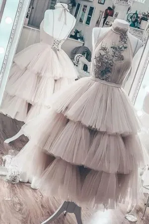 Graceful Short Layered Tulle High Neck Short Prom Dress Homecoming Dress OKO56