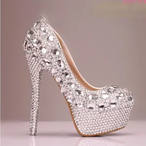 High Heels Handmade Fully Rhinestone Pointed Toe Crystal Wedding Shoes, S031