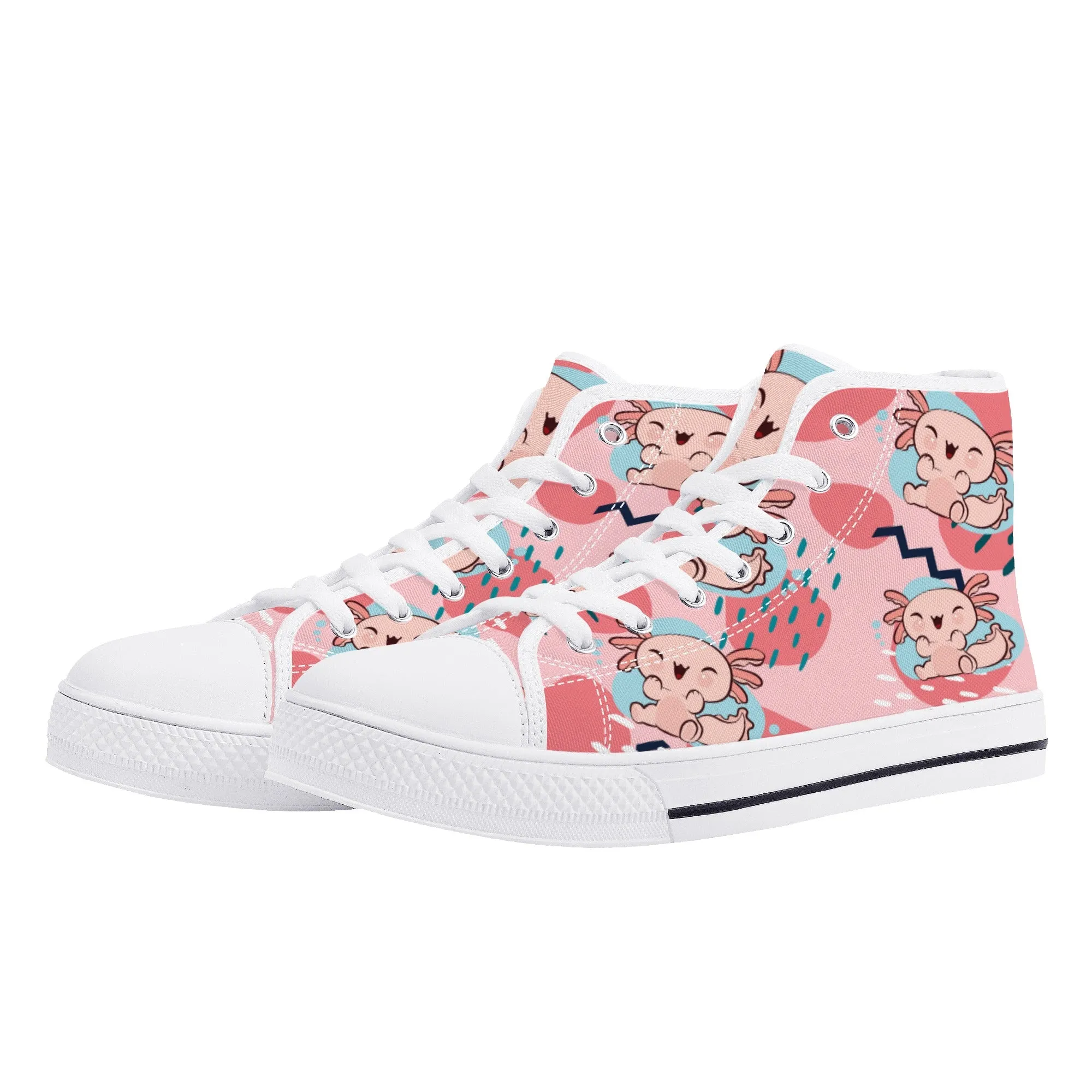 High Top Canvas Sneakers | Printed Tongue | Pink Cute Axolotl Shoes | Cute Hi Tops