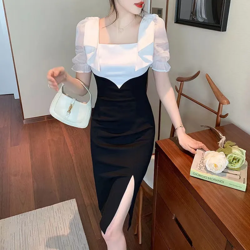 Korean Style Ladies Sweet Graceful Bow Square Collar Package Hip Short Sleeve Dress Hepburn Style Little Black Dress Evening Dress