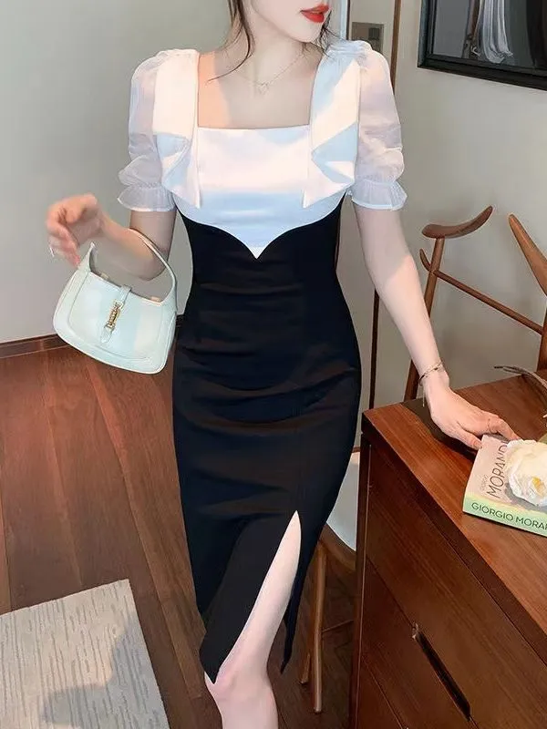 Korean Style Ladies Sweet Graceful Bow Square Collar Package Hip Short Sleeve Dress Hepburn Style Little Black Dress Evening Dress