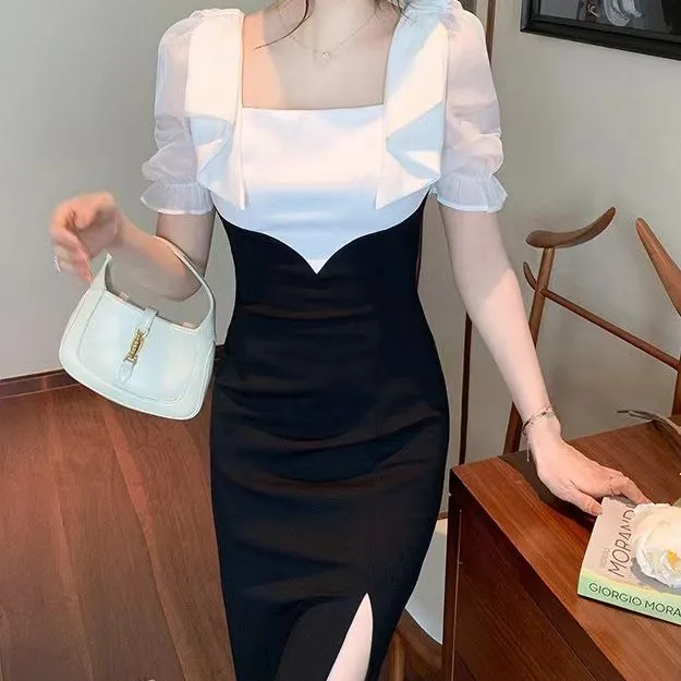 Korean Style Ladies Sweet Graceful Bow Square Collar Package Hip Short Sleeve Dress Hepburn Style Little Black Dress Evening Dress