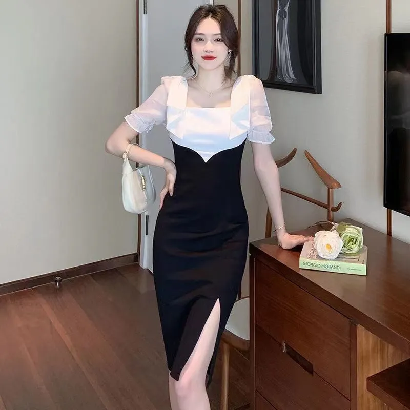 Korean Style Ladies Sweet Graceful Bow Square Collar Package Hip Short Sleeve Dress Hepburn Style Little Black Dress Evening Dress