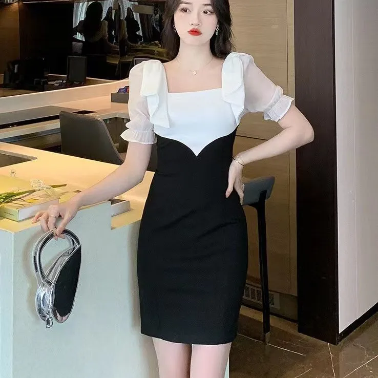 Korean Style Ladies Sweet Graceful Bow Square Collar Package Hip Short Sleeve Dress Hepburn Style Little Black Dress Evening Dress